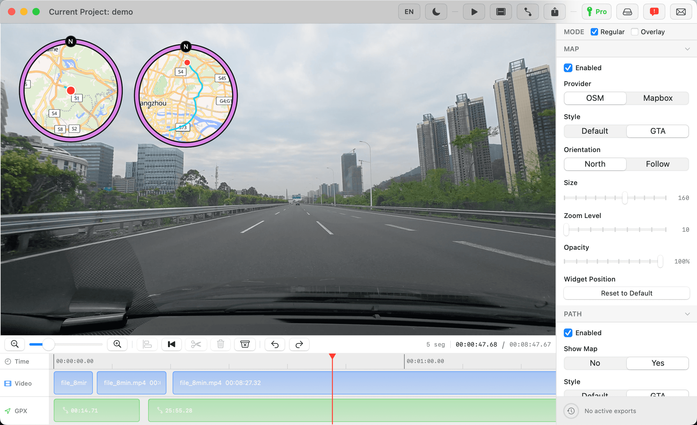 gpx2video 工作区：公路视频、GTA 风格的地图和轨迹组件，以及视频与 GPX 时间轴